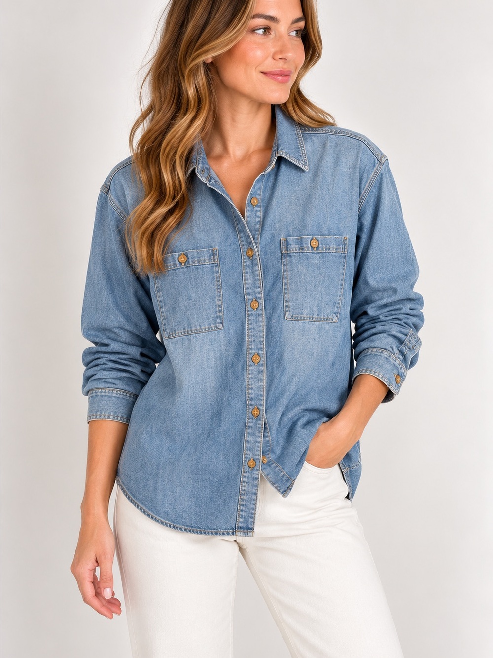 GT-0091 Indigo Palms Denim Company Chambray Shirt L Blue Button Front